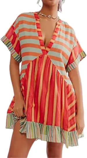 Womens Boho Floral Mini Dress Deep V Neck Short Sleeve Babydoll Dress Summer Casual Loose Flowy Beach Ruffle Dress