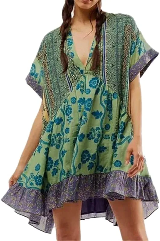 Womens Boho Floral Mini Dress Deep V Neck Short Sleeve Babydoll Dress Summer Casual Loose Flowy Beach Ruffle Dress