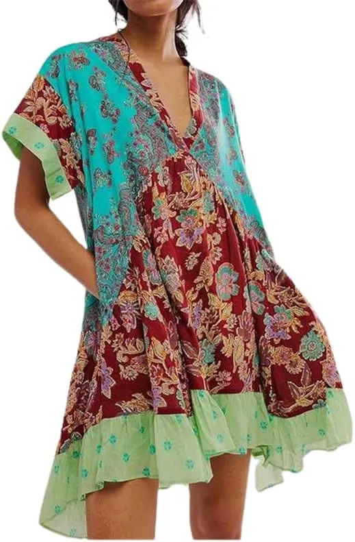 Womens Boho Floral Mini Dress Deep V Neck Short Sleeve Babydoll Dress Summer Casual Loose Flowy Beach Ruffle Dress