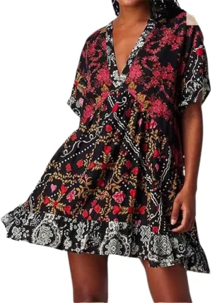 Womens Boho Floral Mini Dress Deep V Neck Short Sleeve Babydoll Dress Summer Casual Loose Flowy Beach Ruffle Dress