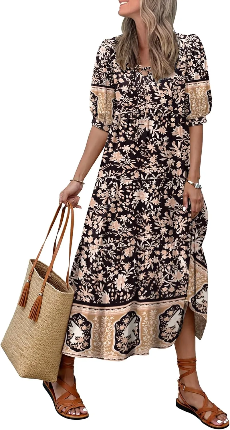 Women's Boho Maxi Dress 2025 Summer Floral Print V Neck Puff Sleeve Casual Loose Flowy Spring Long Beach Vacation Dresses