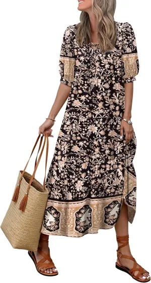 Women's Boho Maxi Dress 2025 Summer Floral Print V Neck Puff Sleeve Casual Loose Flowy Spring Long Beach Vacation Dresses
