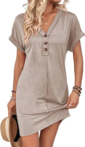 Womens Button Front V Neck Midi Dresses Casual Swing Shirt Sundress Short Sleeve Beach Summer Dress