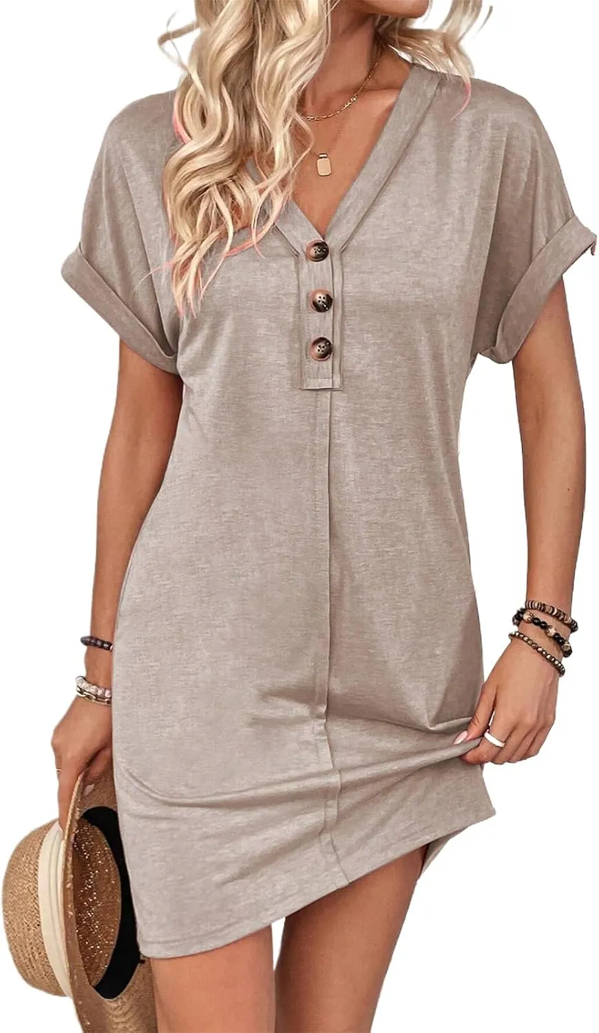 Womens Button Front V Neck Midi Dresses Casual Swing Shirt Sundress Short Sleeve Beach Summer Dress