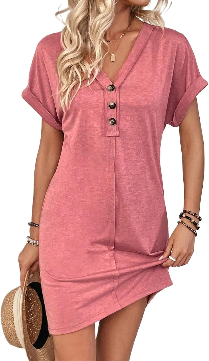 Womens Button Front V Neck Midi Dresses Casual Swing Shirt Sundress Short Sleeve Beach Summer Dress