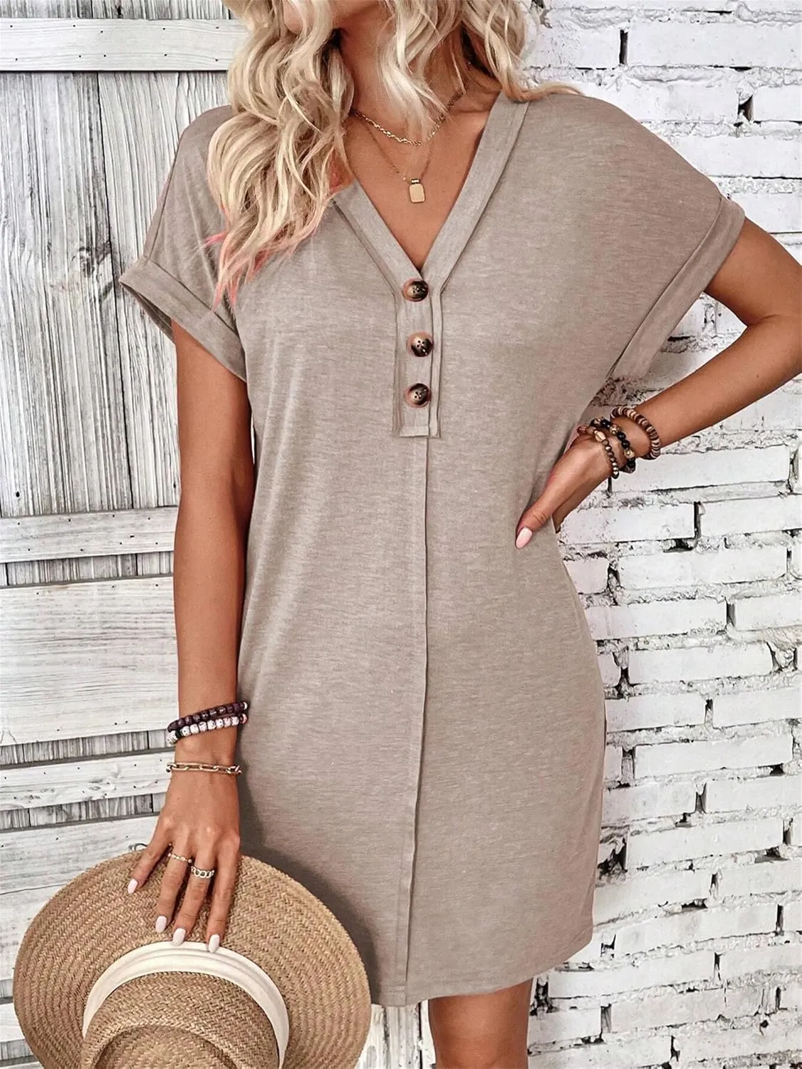 Womens Button Front V Neck Midi Dresses Casual Swing Shirt Sundress Short Sleeve Beach Summer Dress
