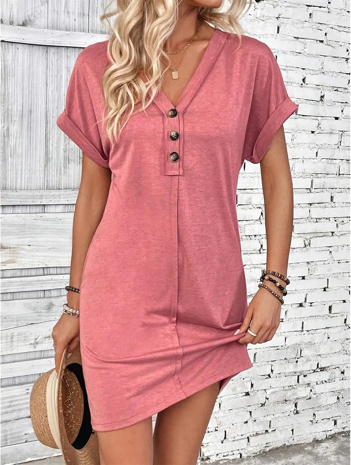 Womens Button Front V Neck Midi Dresses Casual Swing Shirt Sundress Short Sleeve Beach Summer Dress