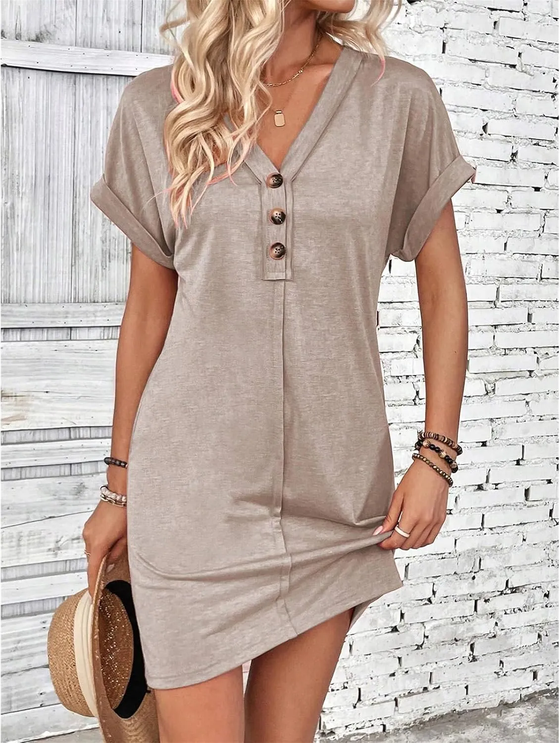 Womens Button Front V Neck Midi Dresses Casual Swing Shirt Sundress Short Sleeve Beach Summer Dress