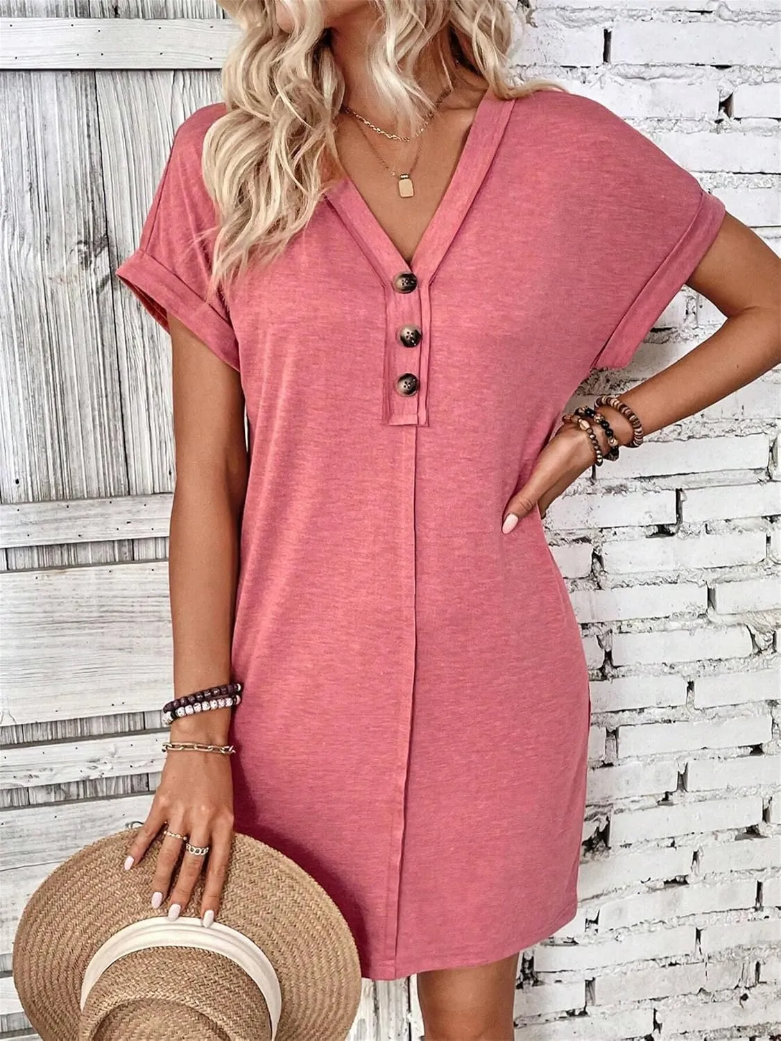 Womens Button Front V Neck Midi Dresses Casual Swing Shirt Sundress Short Sleeve Beach Summer Dress