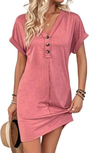 Womens Button Front V Neck Midi Dresses Casual Swing Shirt Sundress Short Sleeve Beach Summer Dress