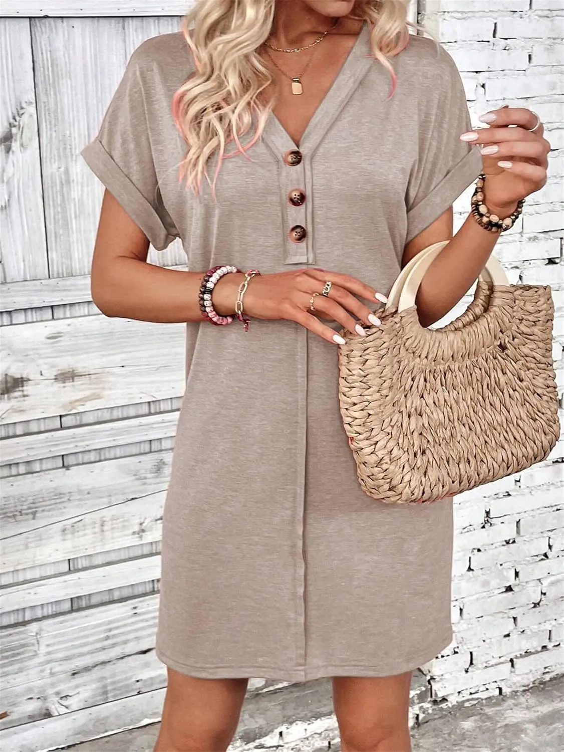 Womens Button Front V Neck Midi Dresses Casual Swing Shirt Sundress Short Sleeve Beach Summer Dress