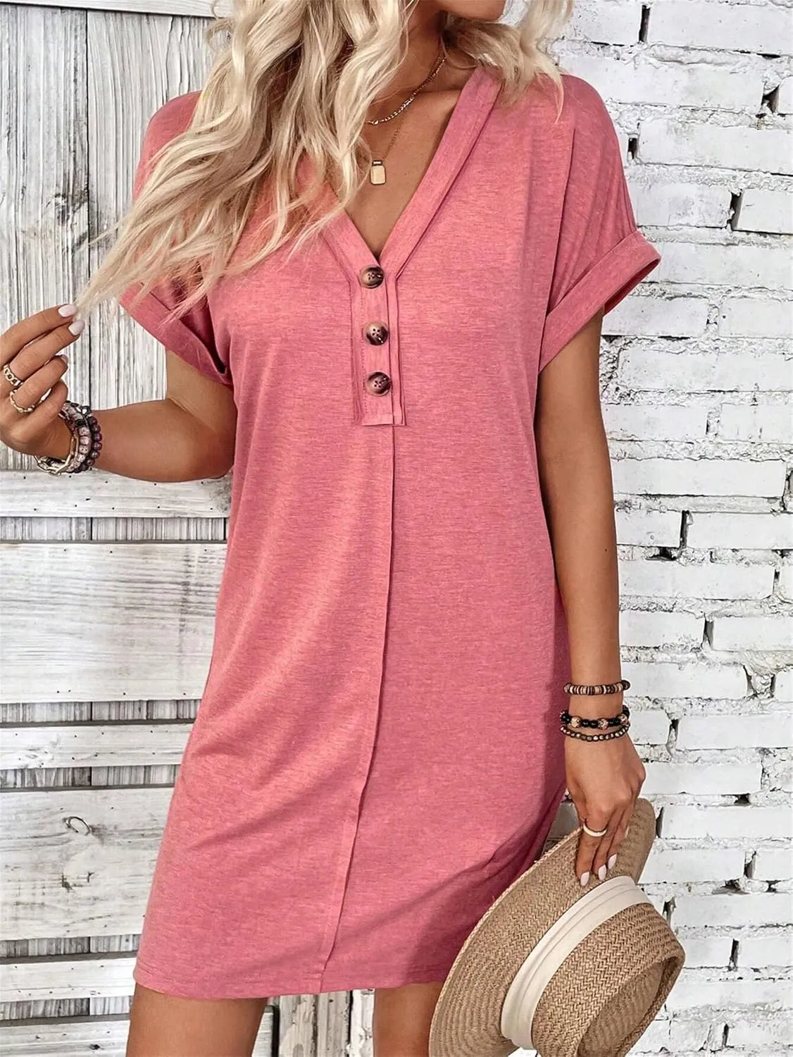 Womens Button Front V Neck Midi Dresses Casual Swing Shirt Sundress Short Sleeve Beach Summer Dress