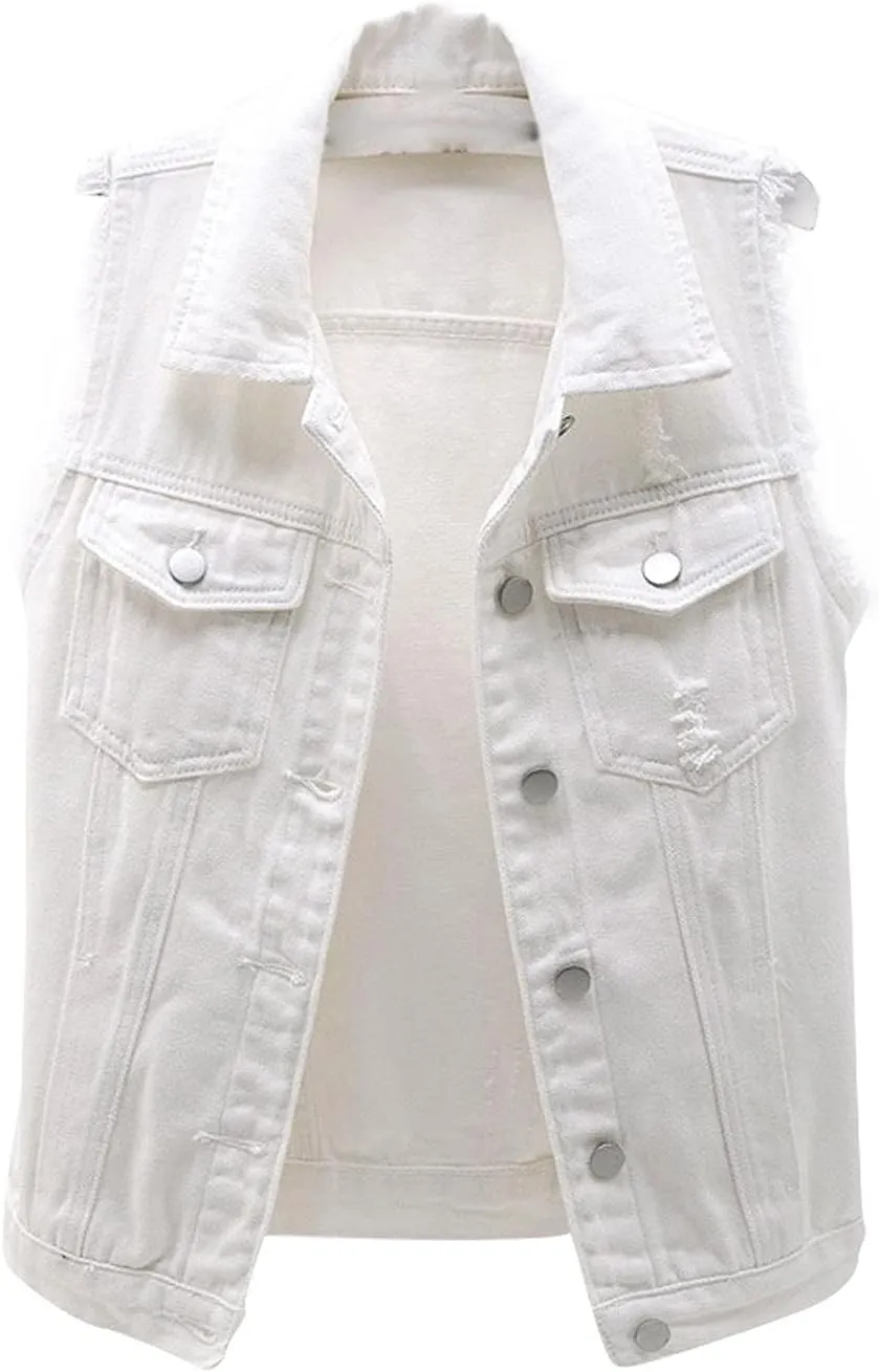 Women's Casual Denim Waistcoat Slim Fit Frayed Sleeveless Jacket Ripped Tops with Pockets