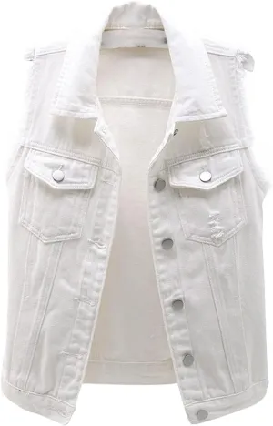 Women's Casual Denim Waistcoat Slim Fit Frayed Sleeveless Jacket Ripped Tops with Pockets