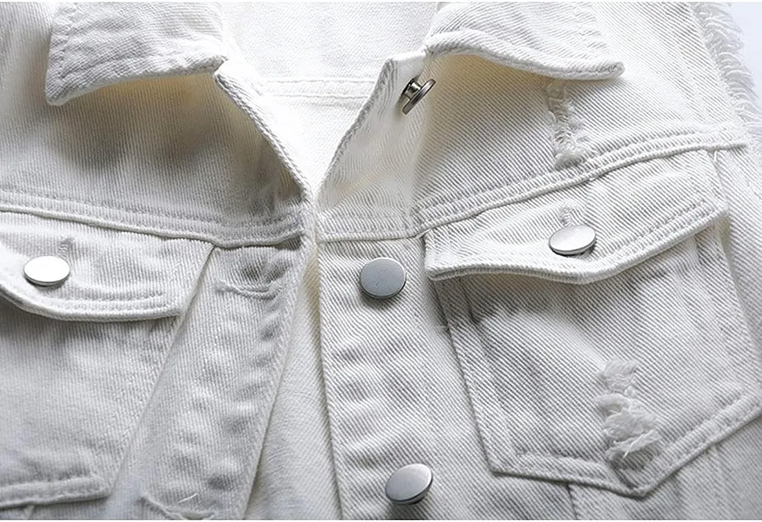 Women's Casual Denim Waistcoat Slim Fit Frayed Sleeveless Jacket Ripped Tops with Pockets