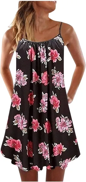 Women's Casual Dresses Summer Casual Trendy Dress Sleeveless Halter Floral Print Boho Midi Dresses Casual, XS-6XL
