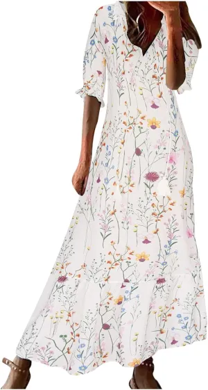 Women's Casual Spring Summer Dress V-Neck Short Sleeve Printed Tunic Dress Flowy Swing A-Line Long Beach Dress