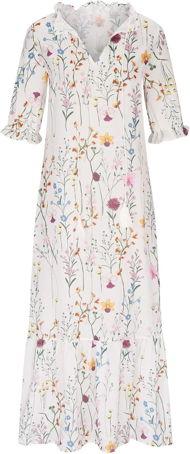 Women's Casual Spring Summer Dress V-Neck Short Sleeve Printed Tunic Dress Flowy Swing A-Line Long Beach Dress