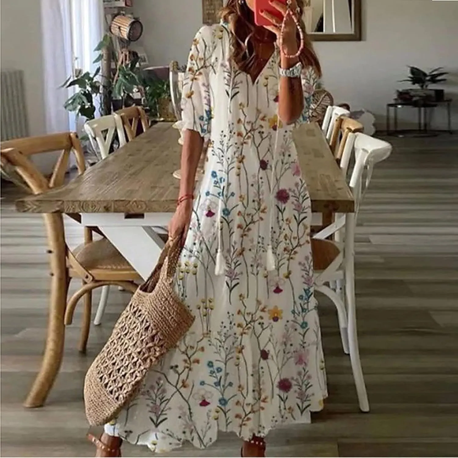 Women's Casual Spring Summer Dress V-Neck Short Sleeve Printed Tunic Dress Flowy Swing A-Line Long Beach Dress