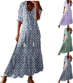 Womens Casual Spring Summer Shirt Dress V-Neck Short Sleeve Boho Printed Dress Flowy Cinched Waist Elegant Long Dress