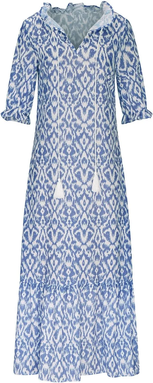 Womens Casual Spring Summer Shirt Dress V-Neck Short Sleeve Boho Printed Dress Flowy Cinched Waist Elegant Long Dress