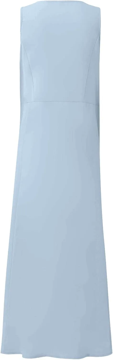 Womens Casual Summer Dresses 2025 Cotton Linen Sleeveless V Neck Maxi Dress Flowy Plus Size Long Dress with Pockets