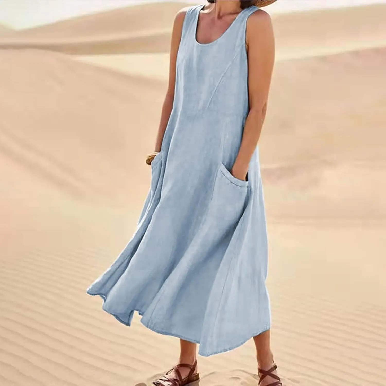 Womens Casual Summer Dresses 2025 Cotton Linen Sleeveless V Neck Maxi Dress Flowy Plus Size Long Dress with Pockets