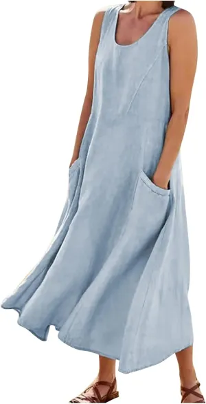 Womens Casual Summer Dresses 2025 Cotton Linen Sleeveless V Neck Maxi Dress Flowy Plus Size Long Dress with Pockets
