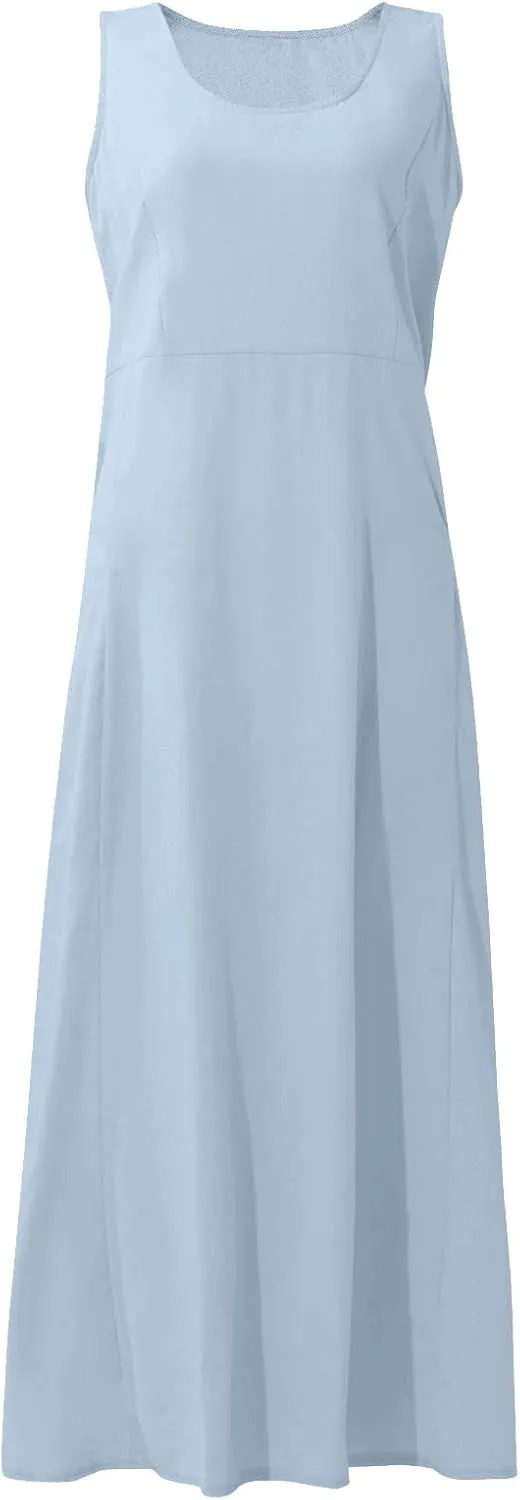 Womens Casual Summer Dresses 2025 Cotton Linen Sleeveless V Neck Maxi Dress Flowy Plus Size Long Dress with Pockets