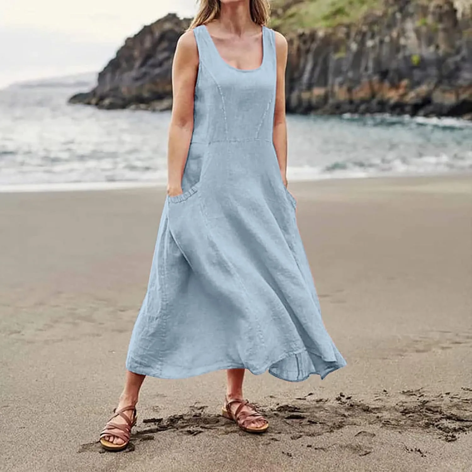 Womens Casual Summer Dresses 2025 Cotton Linen Sleeveless V Neck Maxi Dress Flowy Plus Size Long Dress with Pockets