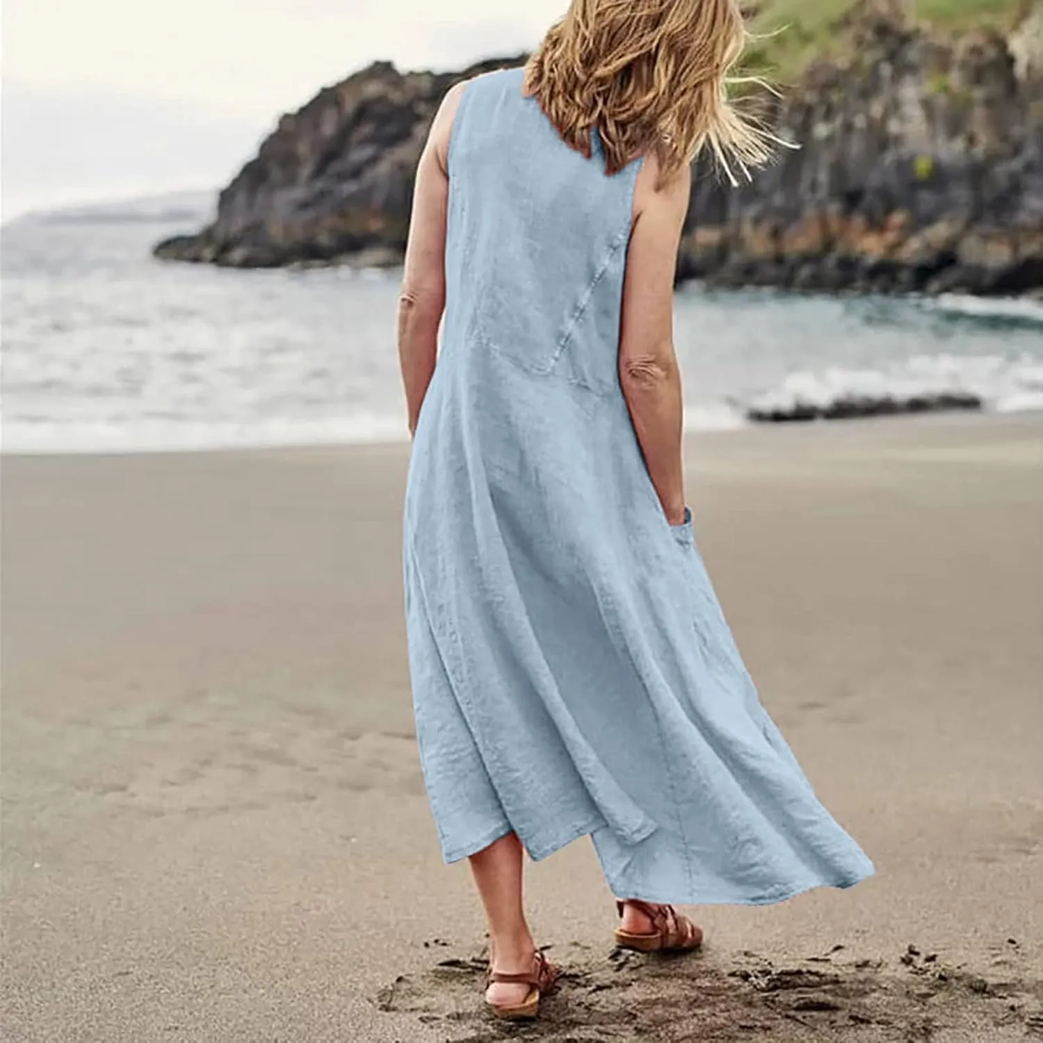 Womens Casual Summer Dresses 2025 Cotton Linen Sleeveless V Neck Maxi Dress Flowy Plus Size Long Dress with Pockets