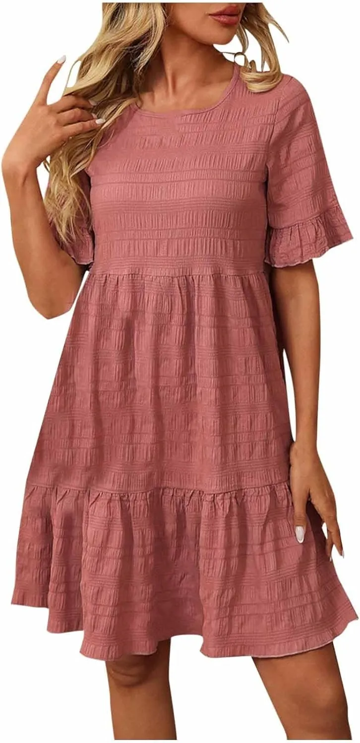 Women's Casual Tiered Dress Crew Neck Ruffle Short Sleeve Knee Length Sundress Swing Mini A-Line Dresses