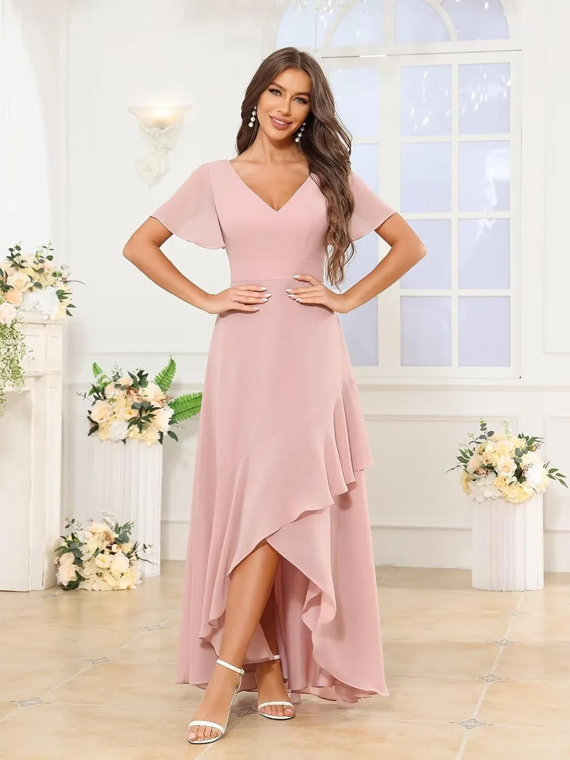 Women's Chiffon Bridesmaid Dresses V Neck Short Sleeve High Low Ruffle Formal Wedding Guest Dress