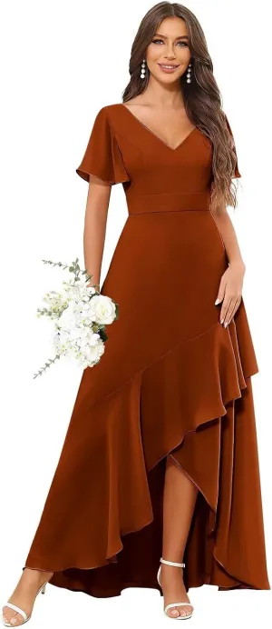 Women's Chiffon Bridesmaid Dresses V Neck Short Sleeve High Low Ruffle Formal Wedding Guest Dress