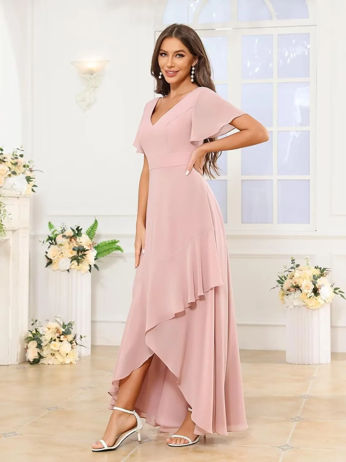 Women's Chiffon Bridesmaid Dresses V Neck Short Sleeve High Low Ruffle Formal Wedding Guest Dress