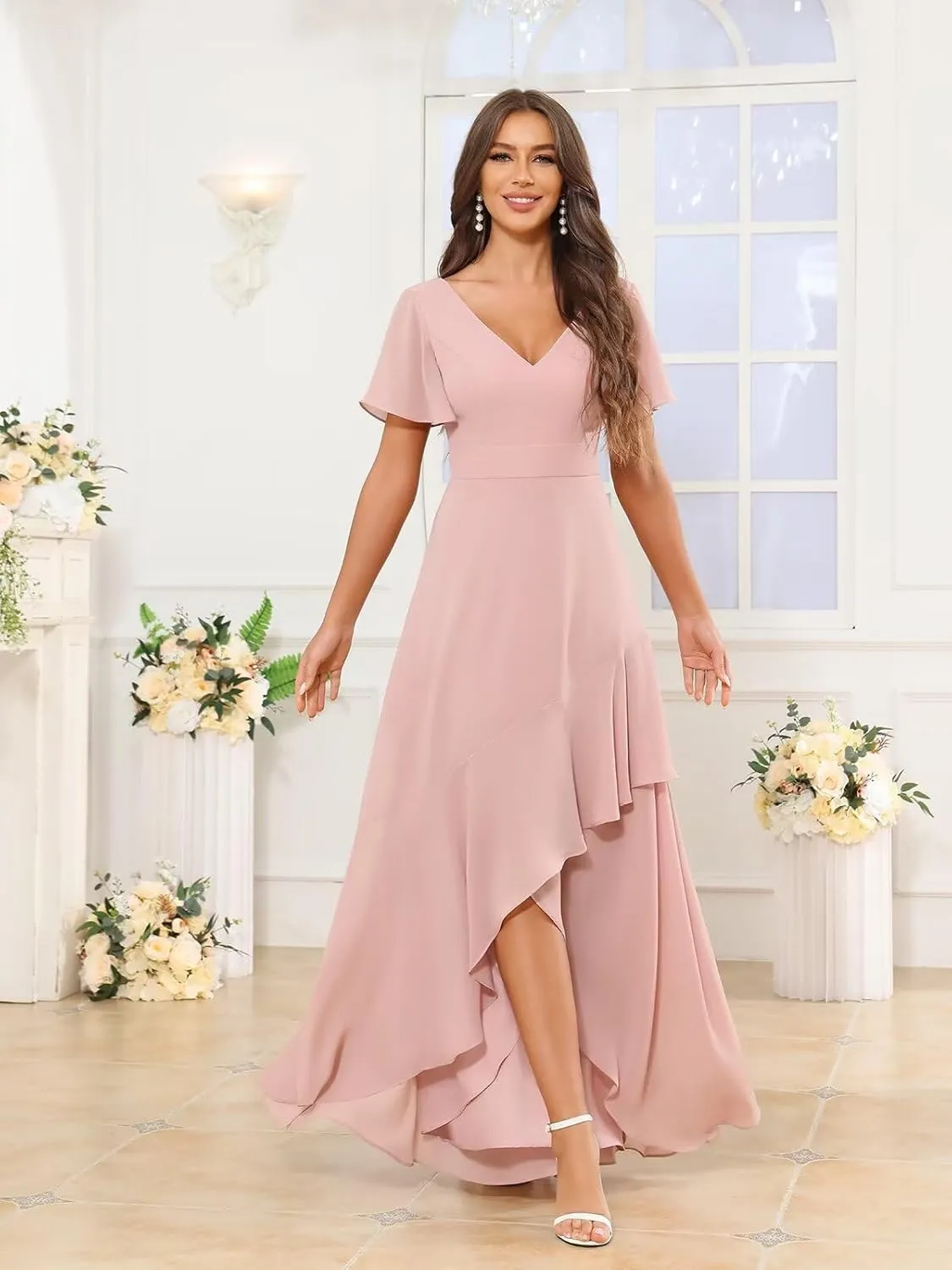 Women's Chiffon Bridesmaid Dresses V Neck Short Sleeve High Low Ruffle Formal Wedding Guest Dress