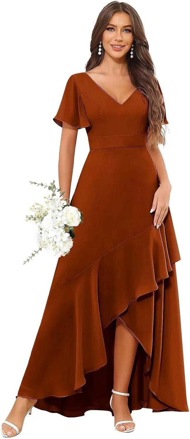 Women's Chiffon Bridesmaid Dresses V Neck Short Sleeve High Low Ruffle Formal Wedding Guest Dress