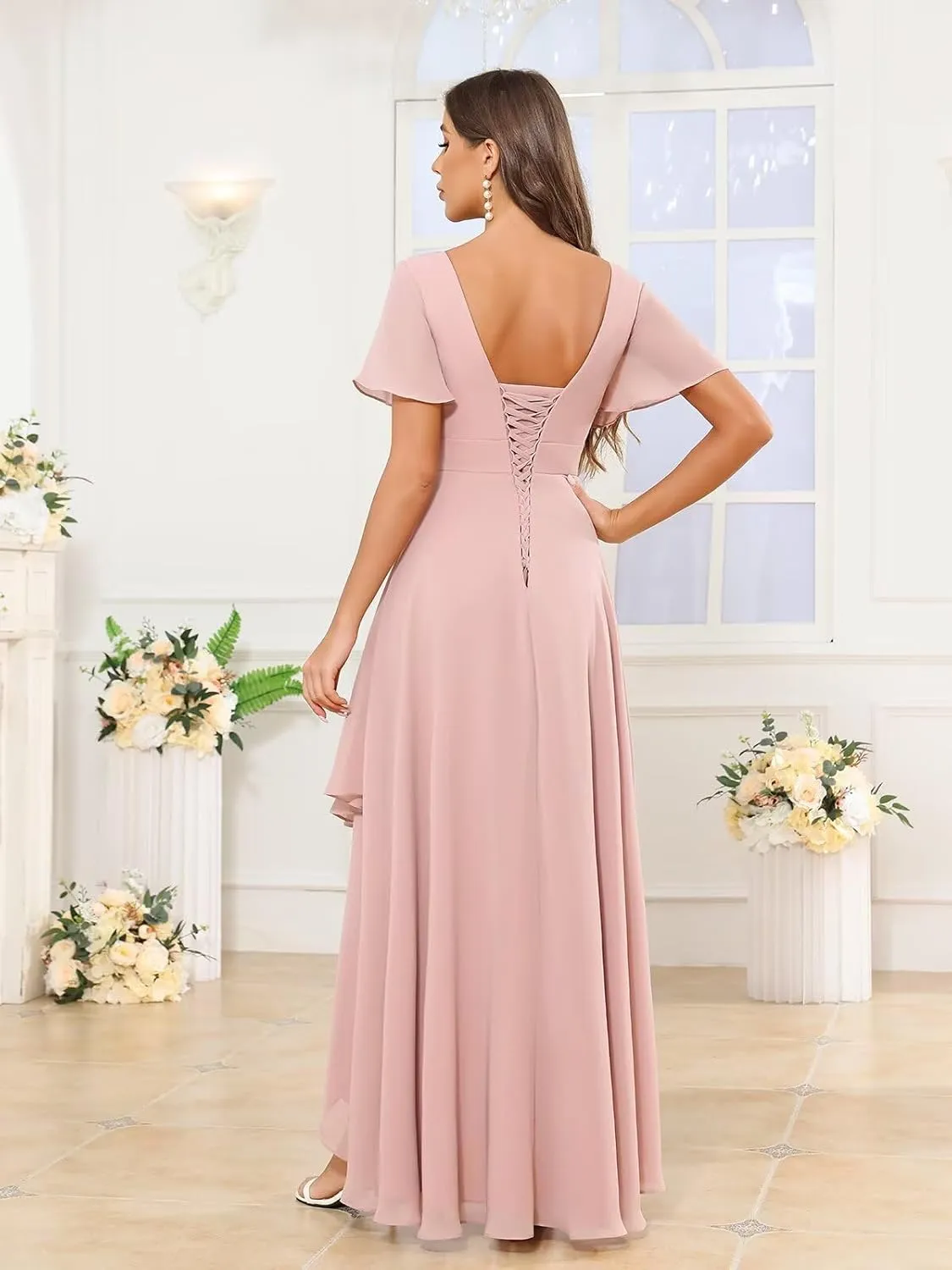 Women's Chiffon Bridesmaid Dresses V Neck Short Sleeve High Low Ruffle Formal Wedding Guest Dress