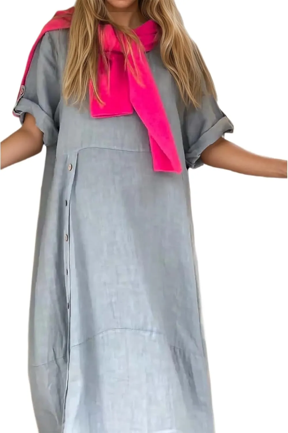 Womens Cotton Linen Short Sleeve Shirt Dress Plus Size Summer Loose Button Midi Beach Dresses