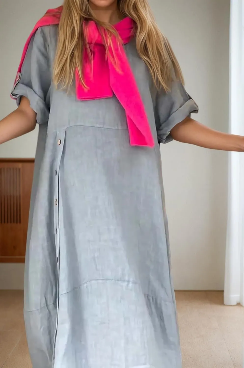 Womens Cotton Linen Short Sleeve Shirt Dress Plus Size Summer Loose Button Midi Beach Dresses