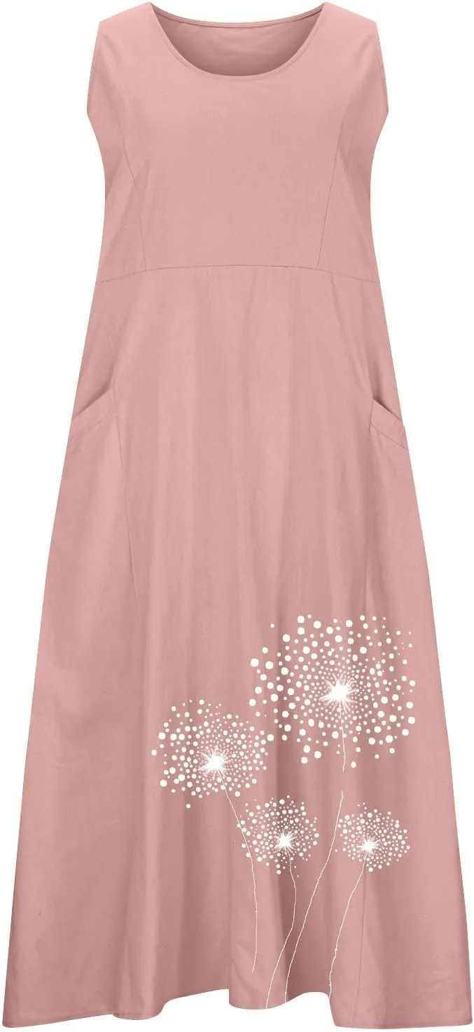 Womens Cotton Linen Sundress Sleeveless Flowy Maxi Dresses Plus Size Boho Summer Casual Loose Beach Tank Dress Pockets