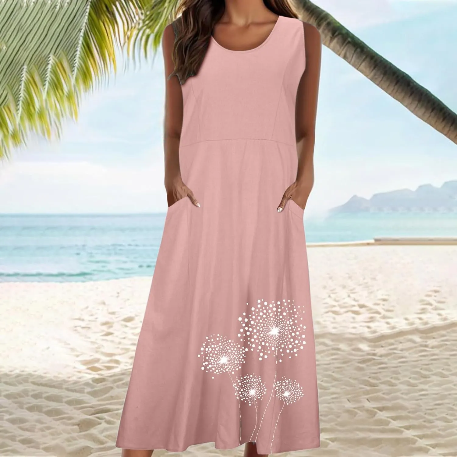Womens Cotton Linen Sundress Sleeveless Flowy Maxi Dresses Plus Size Boho Summer Casual Loose Beach Tank Dress Pockets
