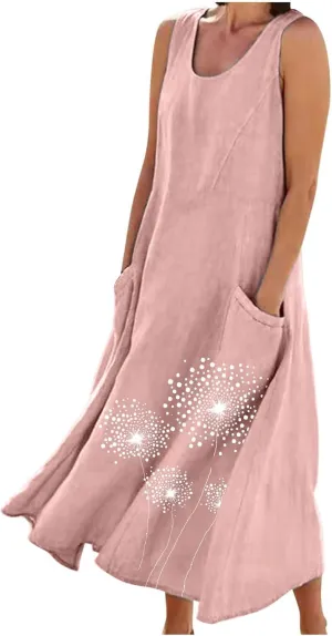 Womens Cotton Linen Sundress Sleeveless Flowy Maxi Dresses Plus Size Boho Summer Casual Loose Beach Tank Dress Pockets