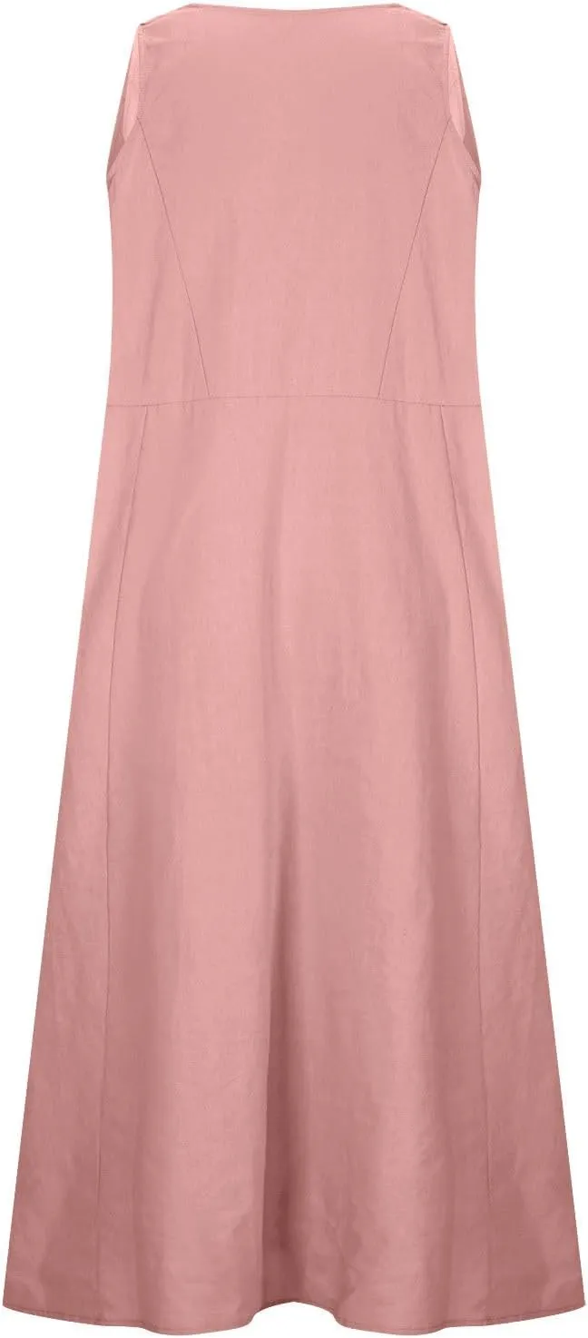 Womens Cotton Linen Sundress Sleeveless Flowy Maxi Dresses Plus Size Boho Summer Casual Loose Beach Tank Dress Pockets