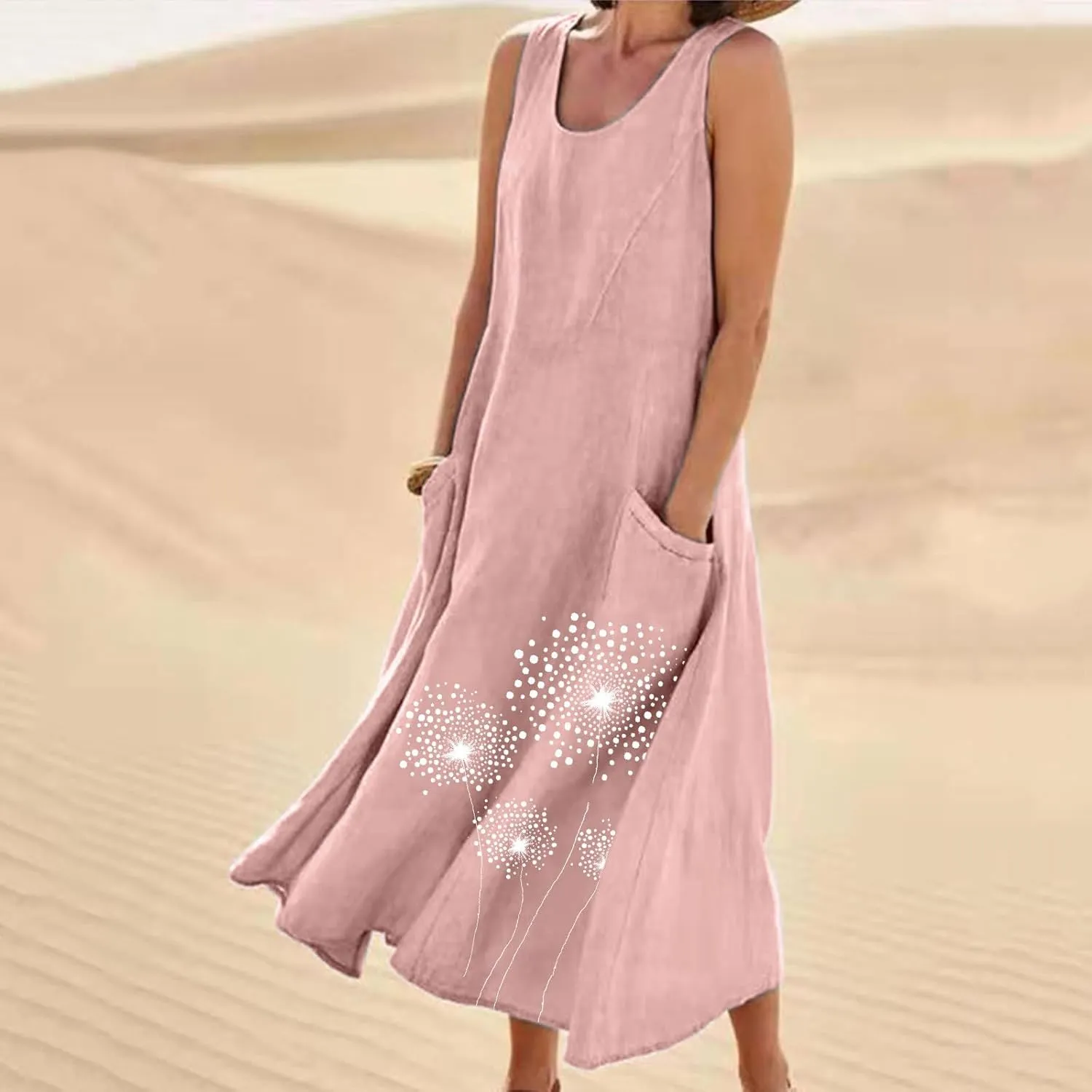 Womens Cotton Linen Sundress Sleeveless Flowy Maxi Dresses Plus Size Boho Summer Casual Loose Beach Tank Dress Pockets
