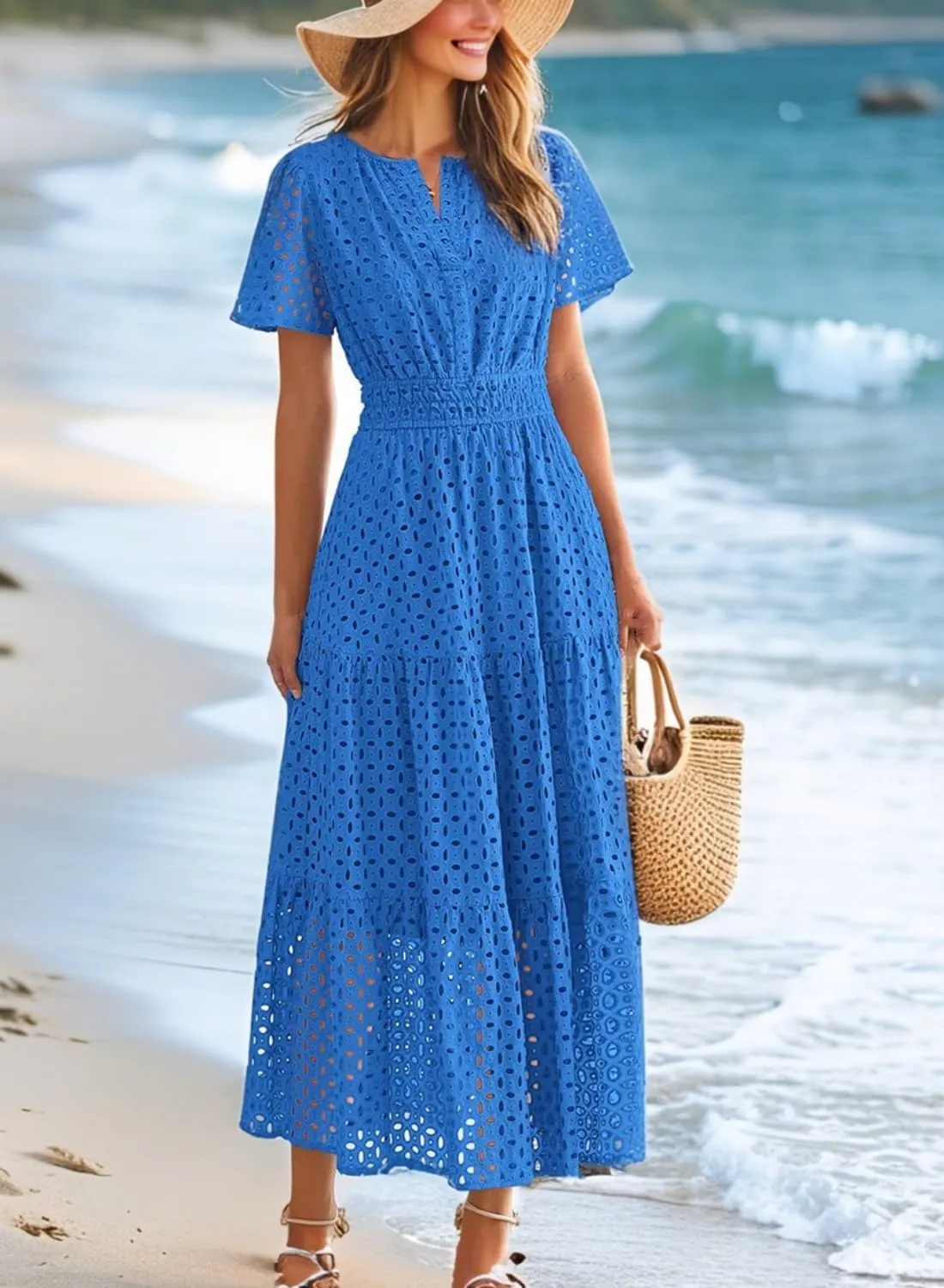 Womens Dresses Short Sleeve V Neck Long Beach Summer Aline Swing Flowy Dress with Pockets Casual Sundress