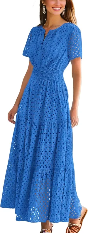 Womens Dresses Short Sleeve V Neck Long Beach Summer Aline Swing Flowy Dress with Pockets Casual Sundress