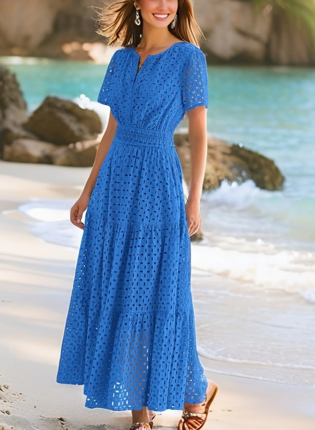 Womens Dresses Short Sleeve V Neck Long Beach Summer Aline Swing Flowy Dress with Pockets Casual Sundress