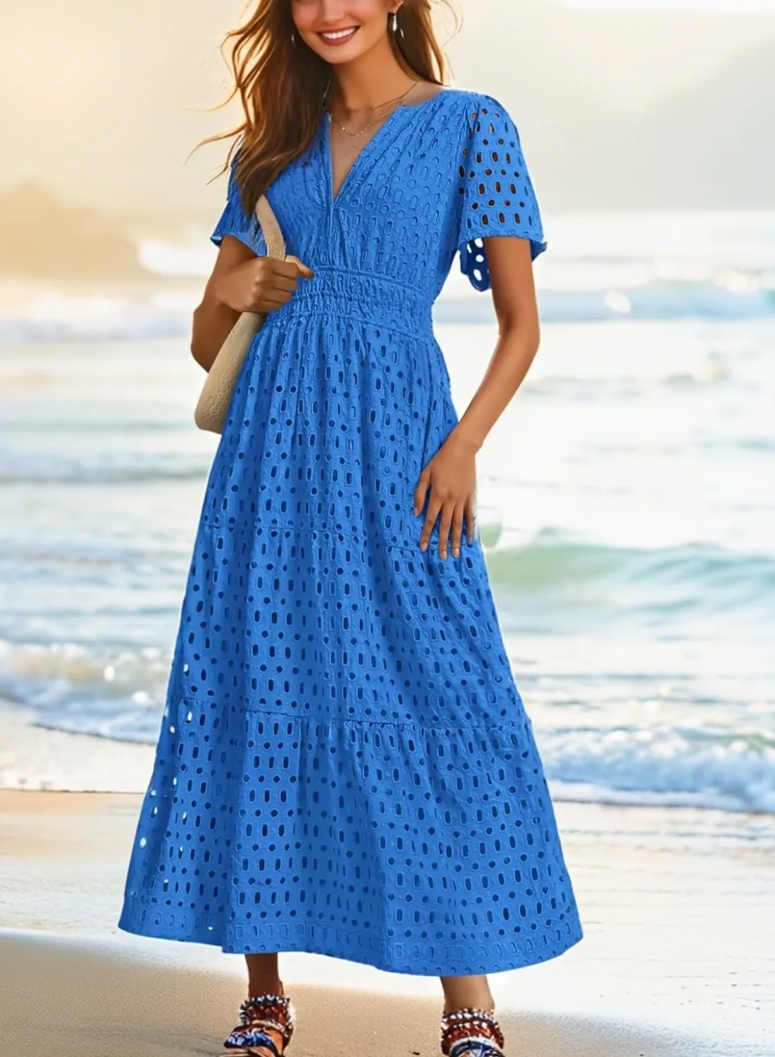 Womens Dresses Short Sleeve V Neck Long Beach Summer Aline Swing Flowy Dress with Pockets Casual Sundress