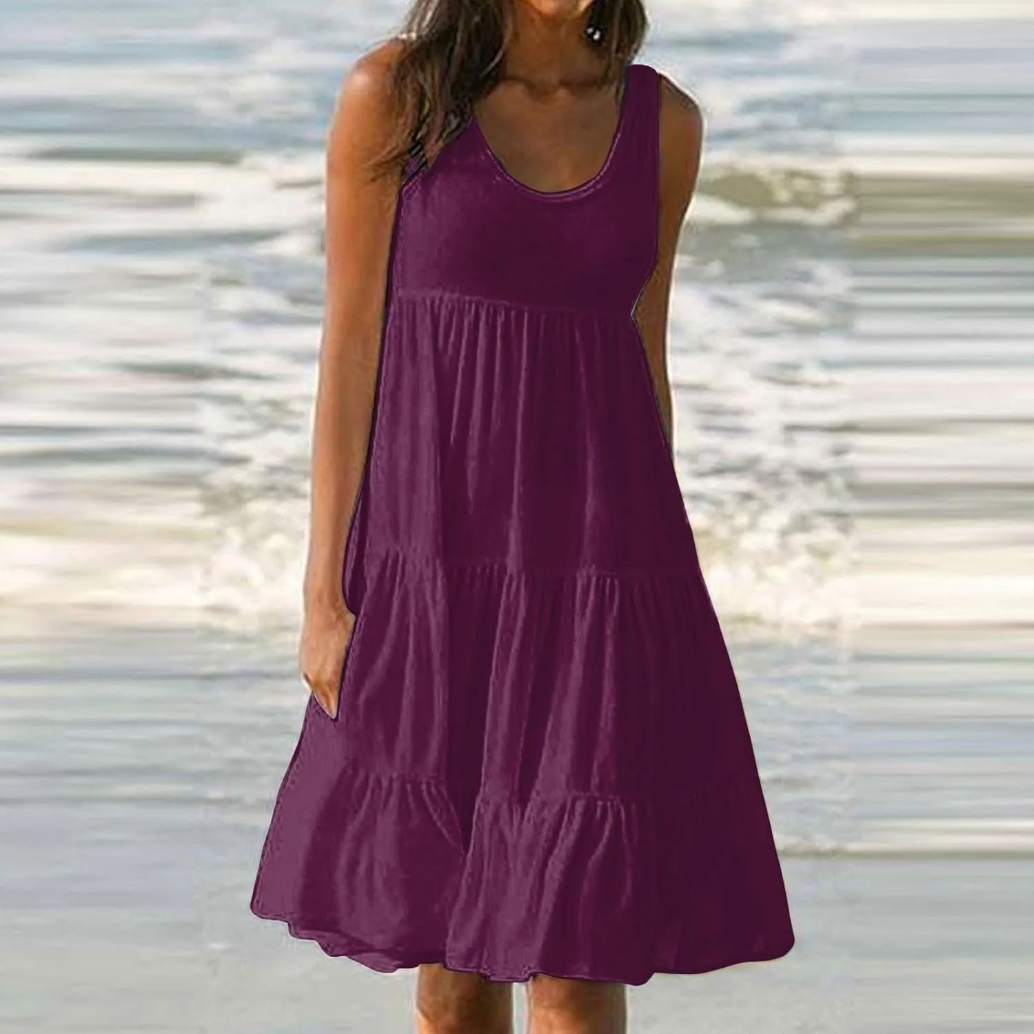 Womens Dresses Spring Dresses for Women 2024 Pleated Bohemian Dresses Cute Sleeveless Flowing Beach Straight T-Shirt